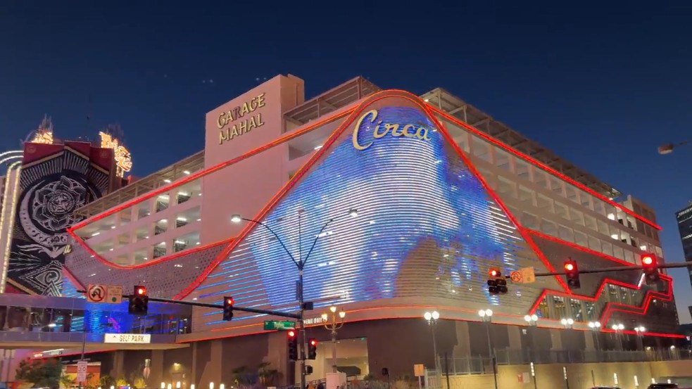 Exterior of Garage Mahal at night. 