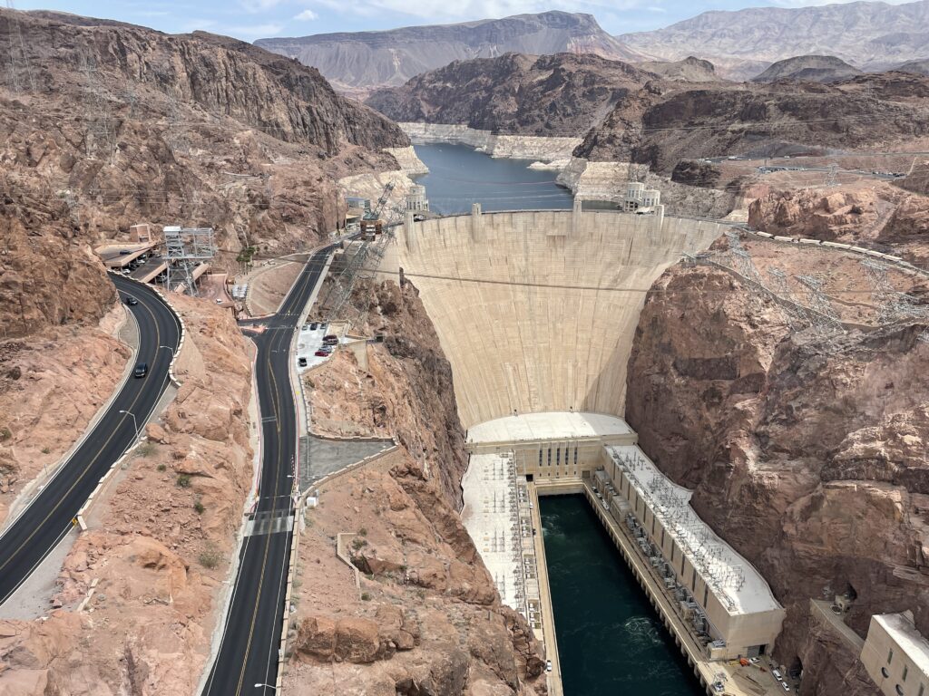 Hoover Dam and Lake Mead photographed from above on the bridge