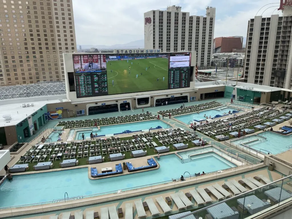 View of Circa's Stadium Swimm rooftop pooldeck from my hotel room.