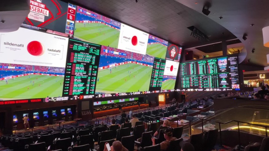A wide angle shot of Circa's gigantic sportsbook screen.