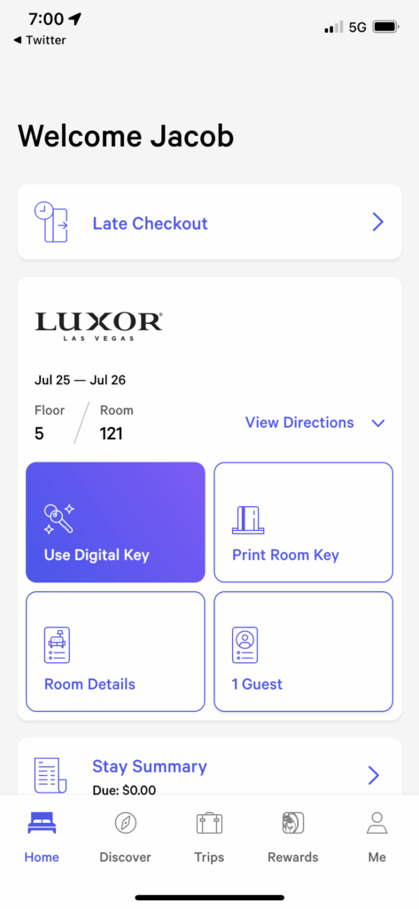 Screenshot of MGM's phone app that shows my room number, and digital room key.