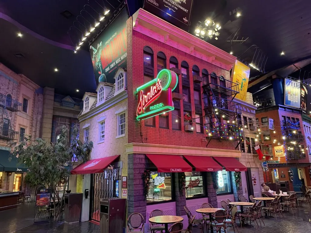 Sirrico's Pizzaria exterior in the themed section of NYNY designed to look like the city. 