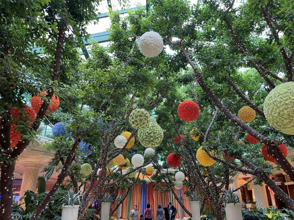 Branches with floral ball orniments extend above a walkway. Wrapped tightly around the tree branches are white string lights.