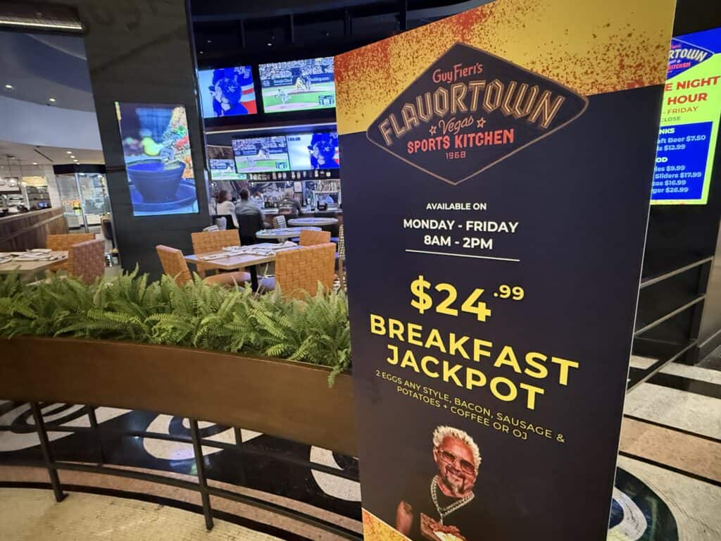 A sign adversing Flavortown's Breakfast Jackpot Deal.