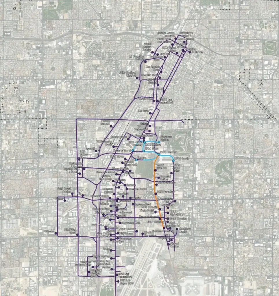 A map of current and planned stops overlayed on a map of Las Vegas.