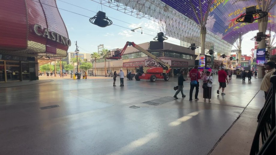 View of people walking past on Fremont Street from Patio Bar.