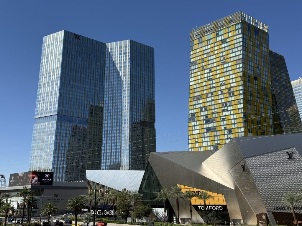 Exterior of Waldorf Astoria to the left of the leaning Veer Towers.