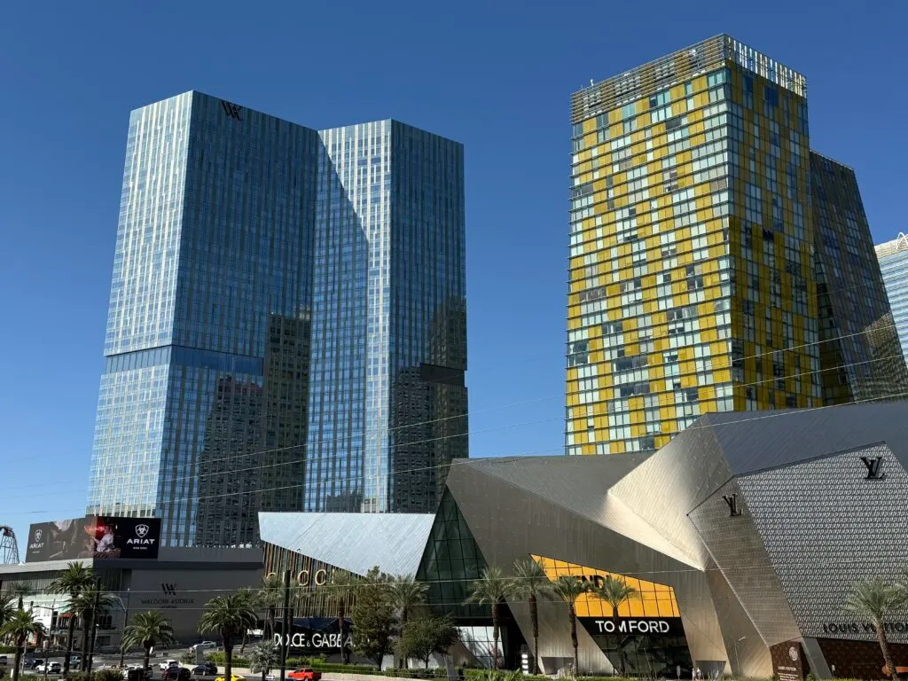 Exterior of Waldorf Astoria to the left of the leaning Veer Towers. 