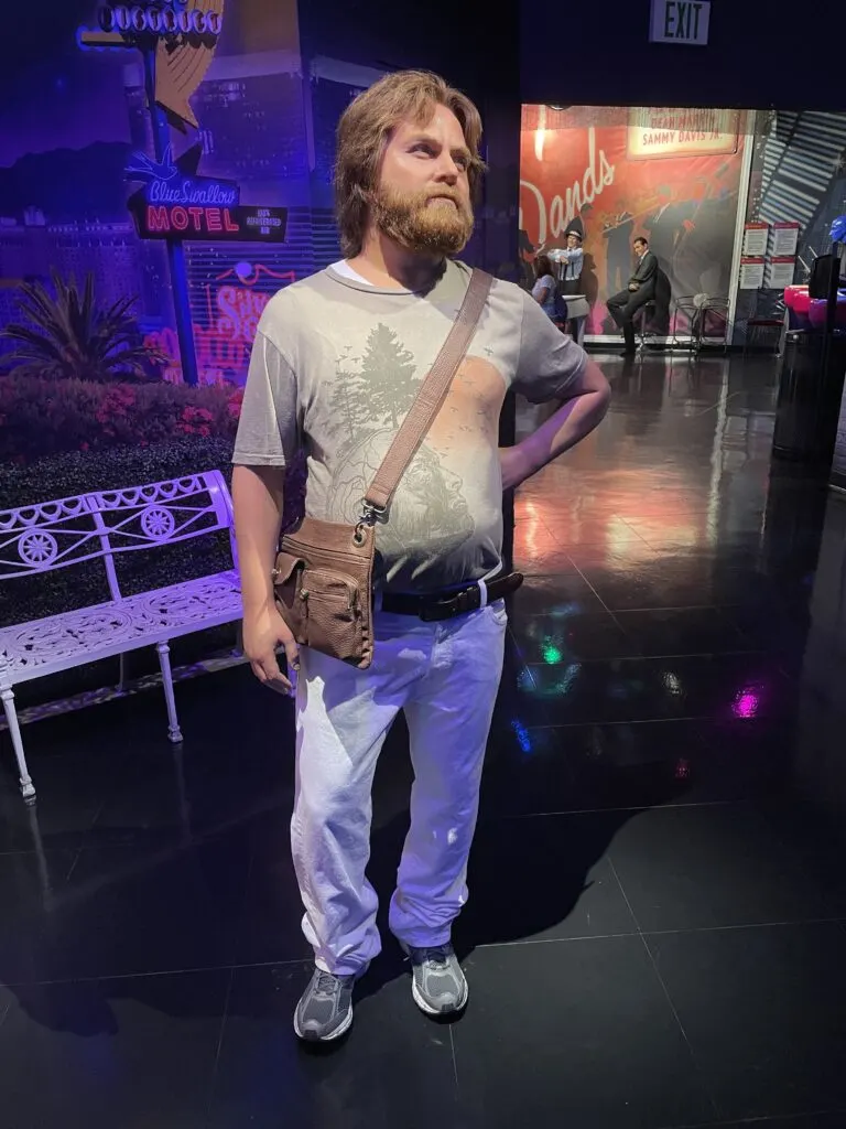 Alan from The Hangover wearing a tshirt tucked into white jeans with a purse slung over his shoulder. 