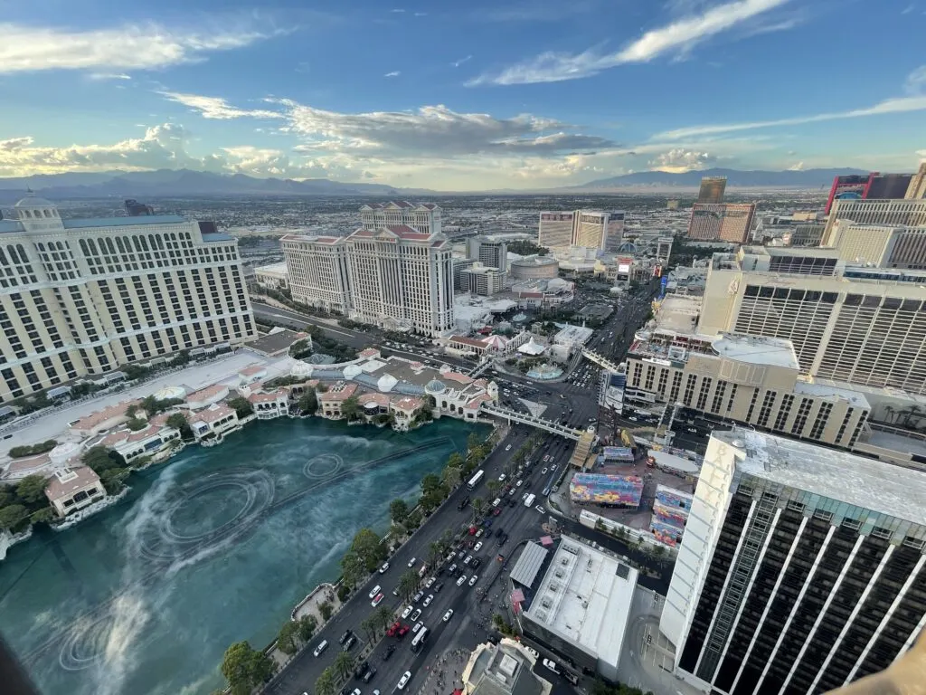 Bellagio, the fountains of bellagio, Caesars Palace, and other north Strip resorts viewed from the Eiffel Tower Experience