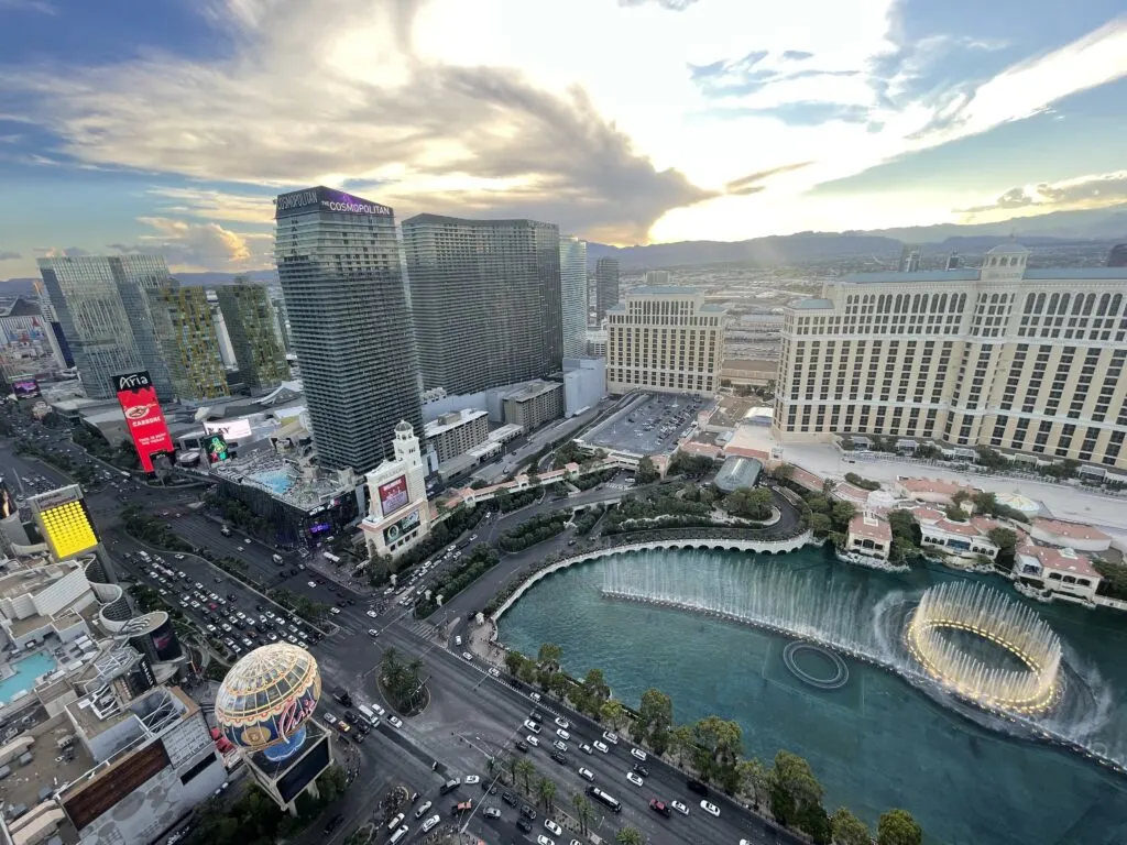 Cosmopolitan, Bellagio, and the Fountains of Bellagio are visible from the viewing deck.