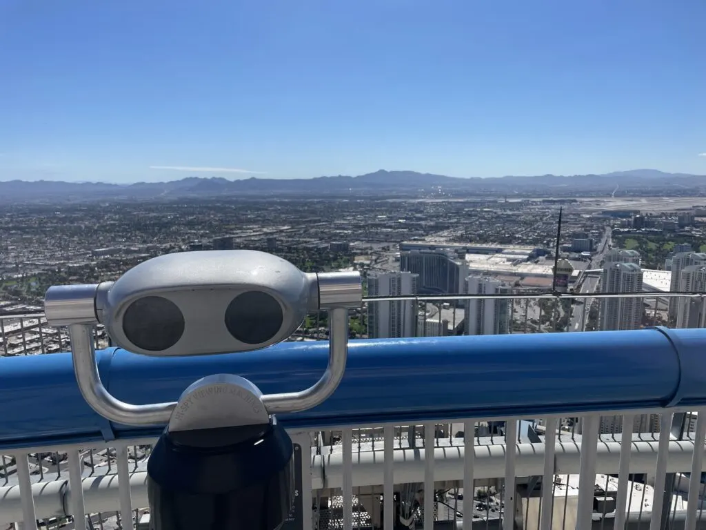 Coin operated binoculars overlook the Las Vegas valley below