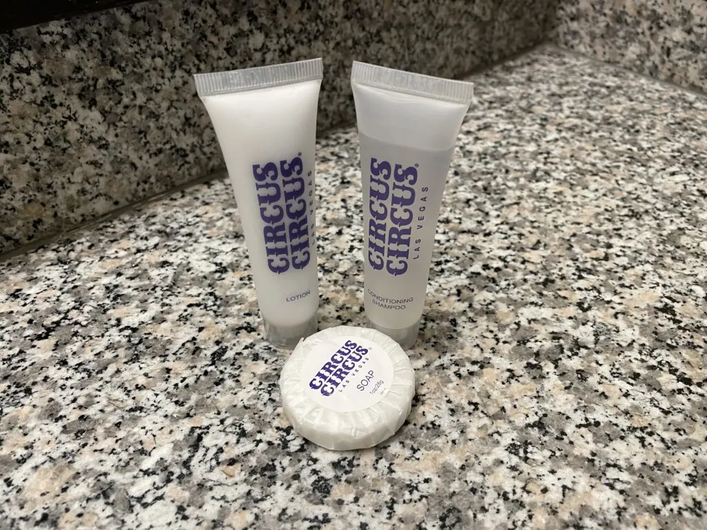 Circus Circus Branded bath products on the bathroom counter.