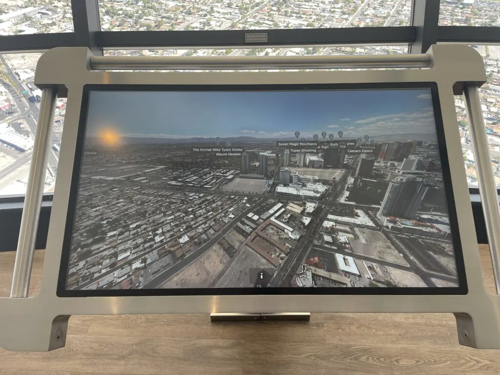 A large touchscreen with an interactive map of Las Vegas that details which landmarks are visible.