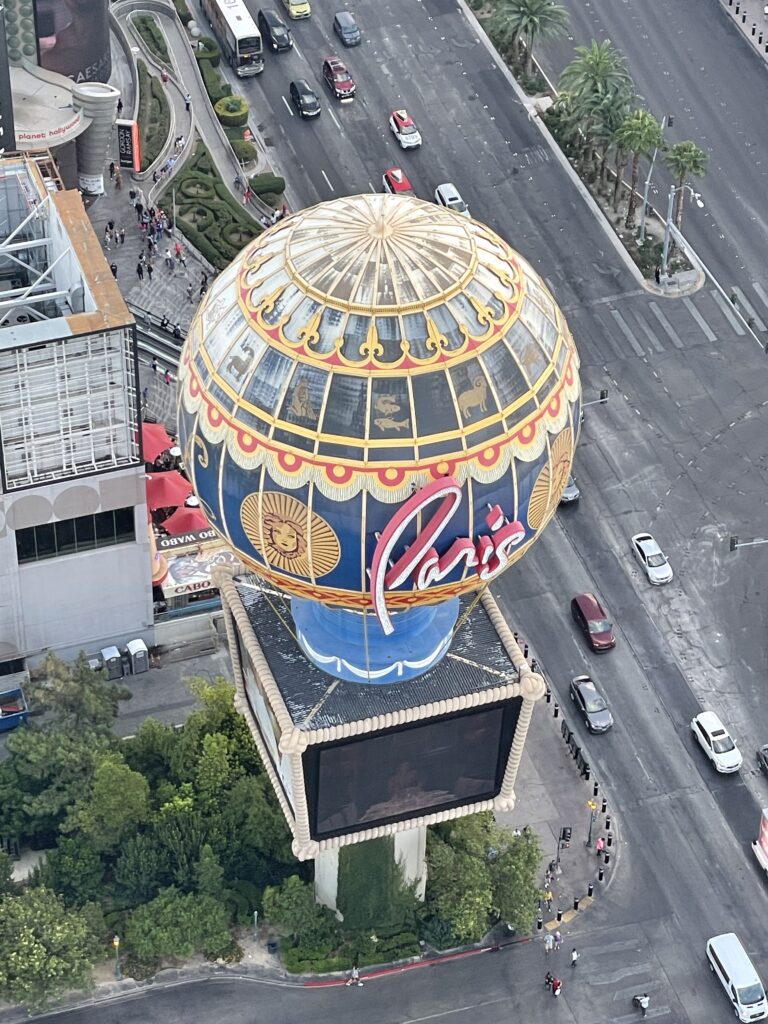 Top of the mock hot air balloon marquee at Paris Las Vegas that shows deteriorating paint.