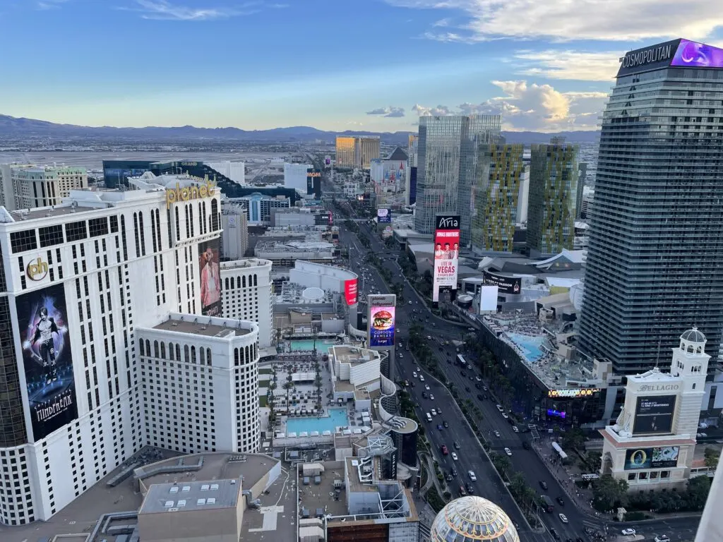 Resorts on the south endo the Las Vegas Strip viewable from the Eiffel Tower viewing deck.