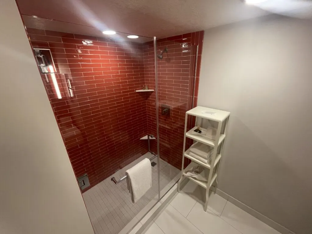 Shower with a glass door and red tile walls with contrasting white grout. 