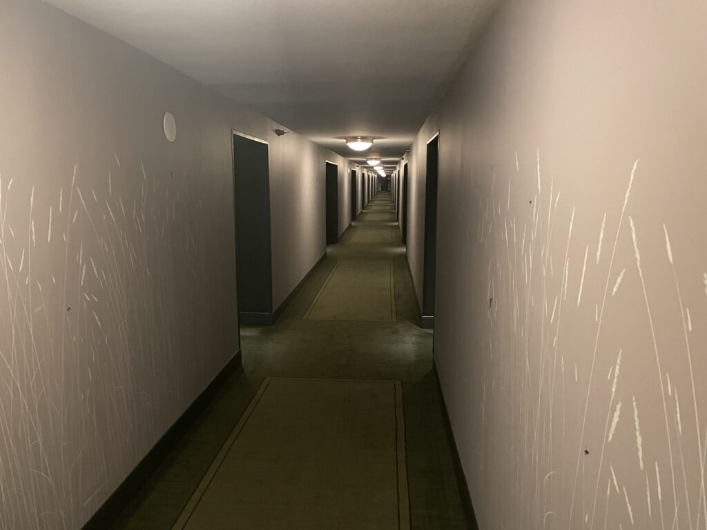 Dark hotel hallway at Park MGM with green carpeting and floral accented walls.