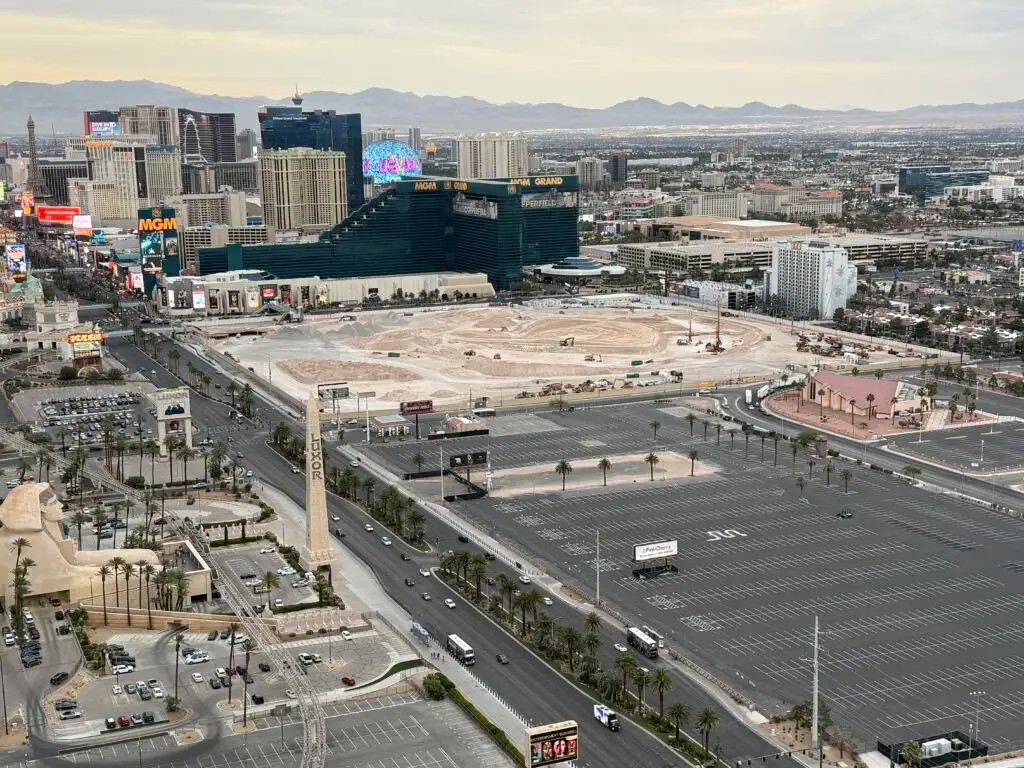 A's and former Tropicana site, sitting as a dirt construction patch, viewed from Mandalay Bay. 