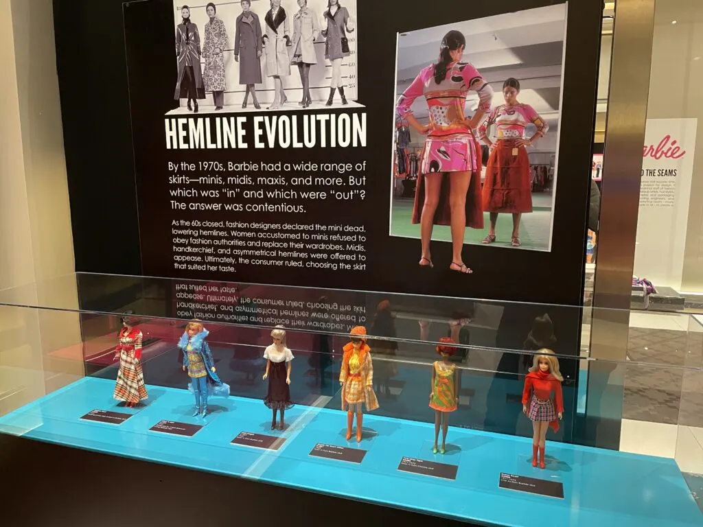 Display case depicting Barbies wearing the "Hemline Revolution" line of clothing. 