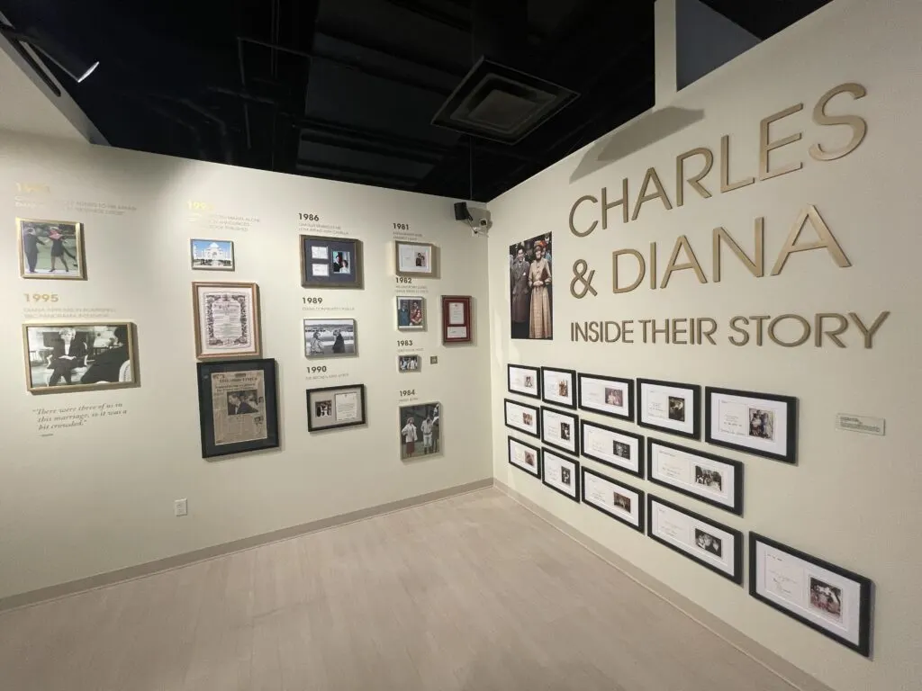 A room in the exhibit with artifacts and information about Charles and Diana's Story. 