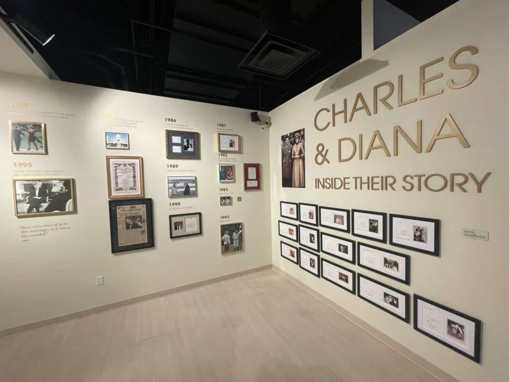 A room in the exhibit with artifacts and information about Charles and Diana's Story.