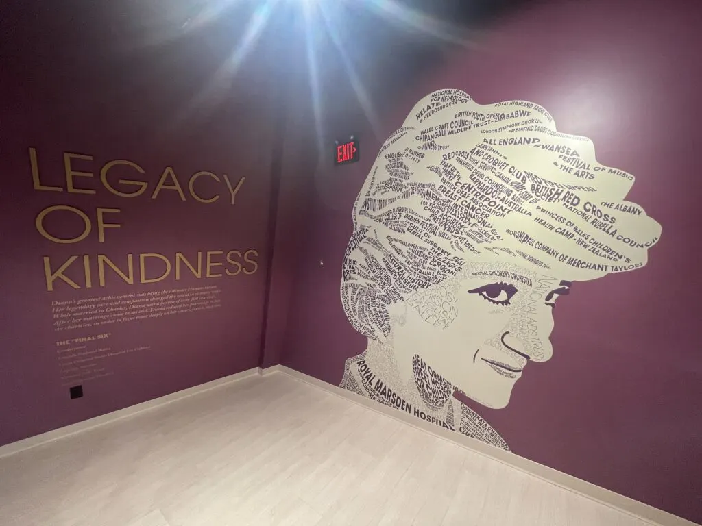 A wall with an image of Diana and the phrase "Legacy of Kindness".
