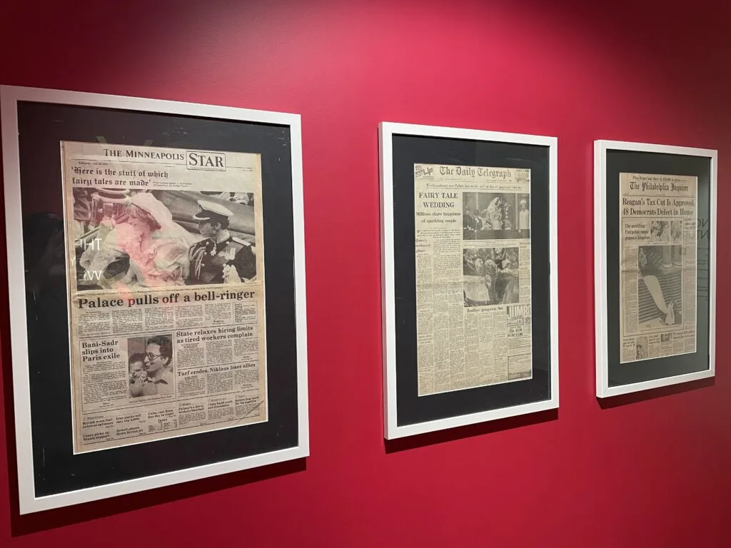 3 different framed newspaper articles covering the marriage of Charles and Diana., 