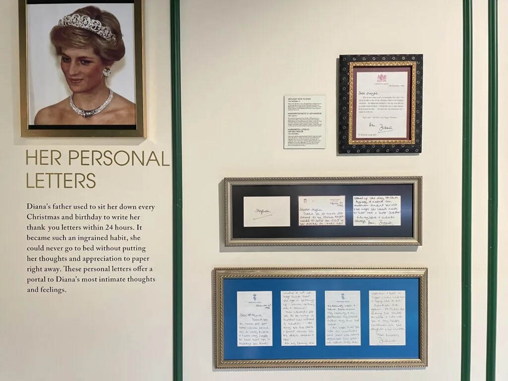 A number of hand written personal letters from Diana on display. 