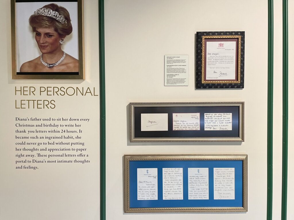 A number of hand written personal letters from Diana on display.