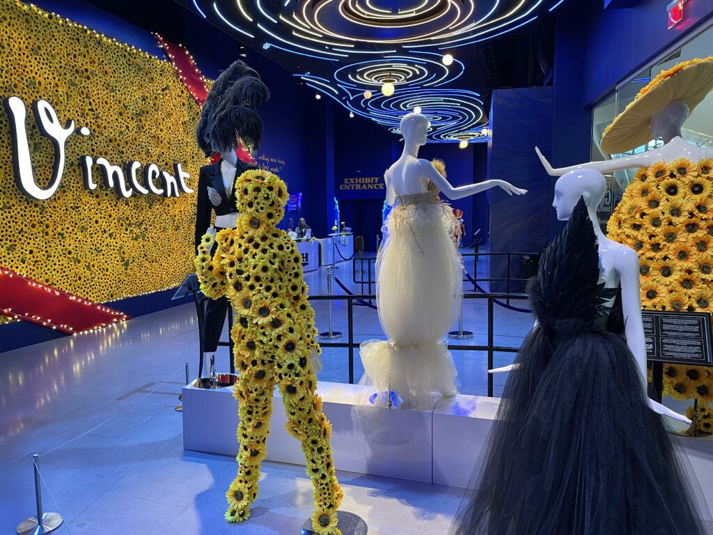 A mannequin covered from head to toe in sunflowers.