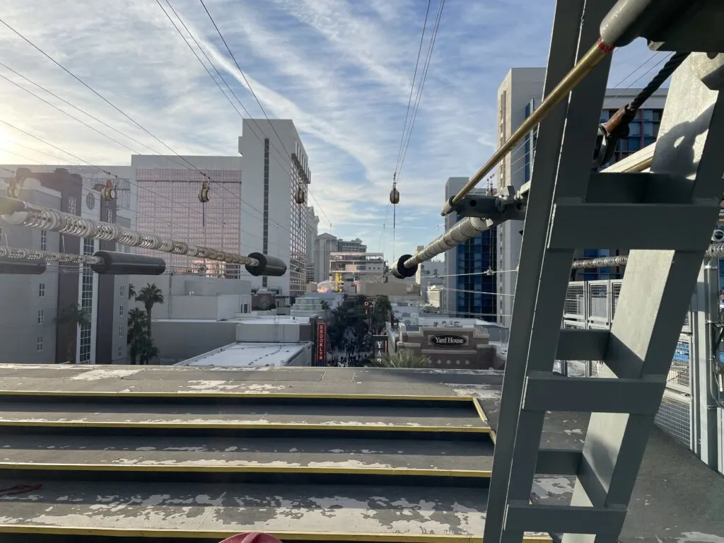 View of the zipline and launch tower from the landing platform. 