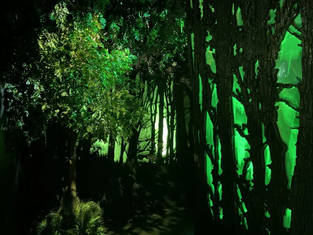 A forest, which is backlit with an eerie green color. 