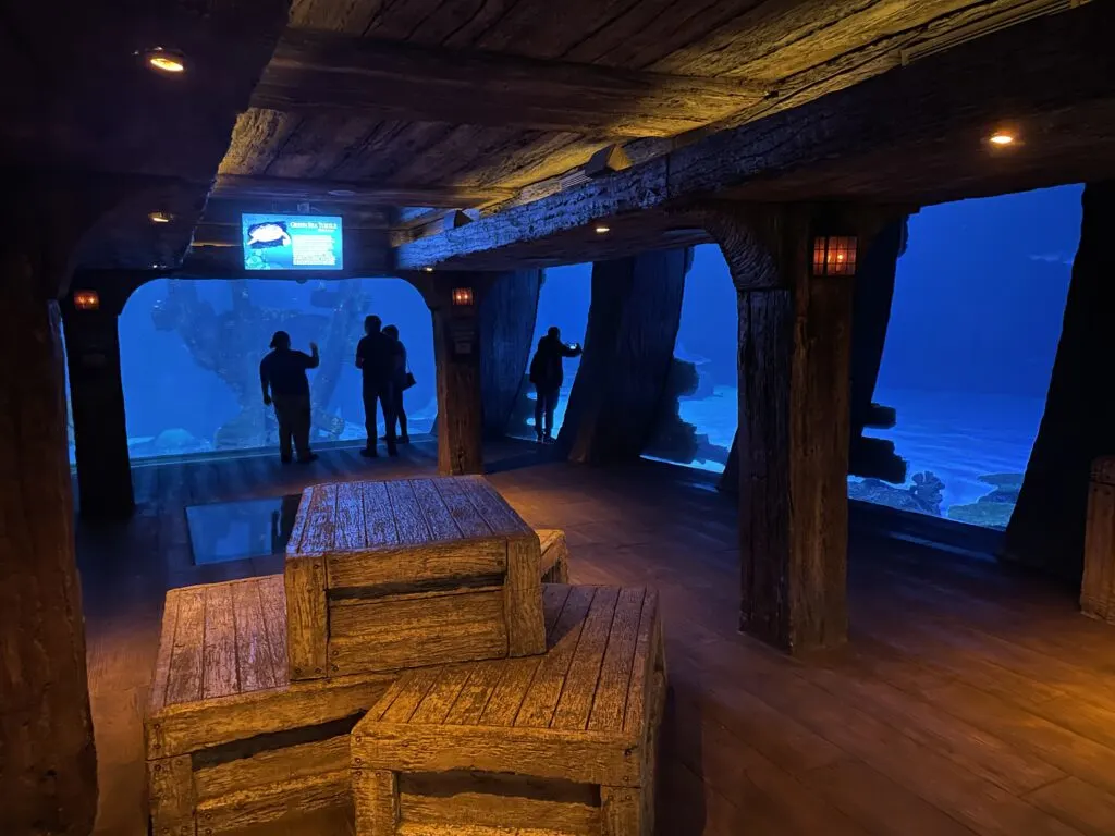 Inside the ship, there are multiple large windows that peer into the blue water, which is infested with sharks. 