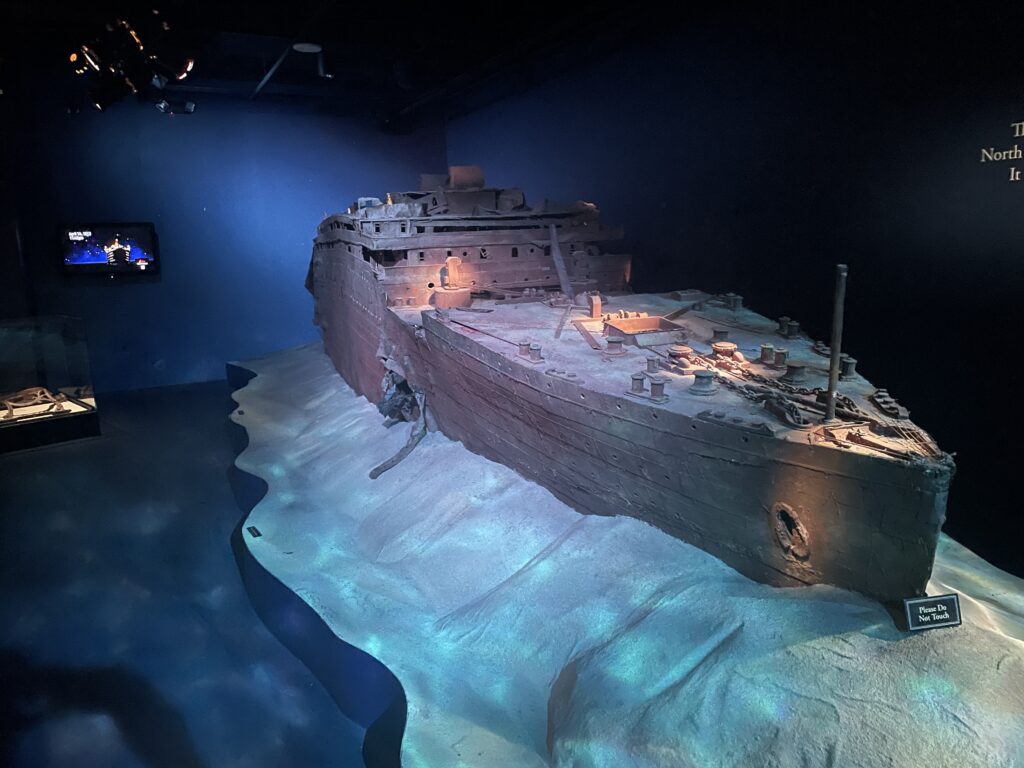 A large metal model of what Titanic currently looks like on the seafloor. 