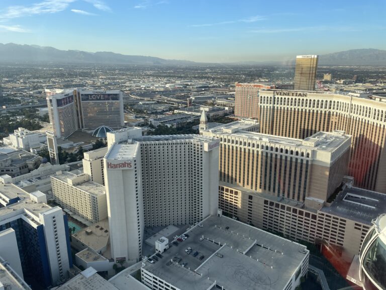A view of Harrah's, The Mirage, and The Venetian from above.