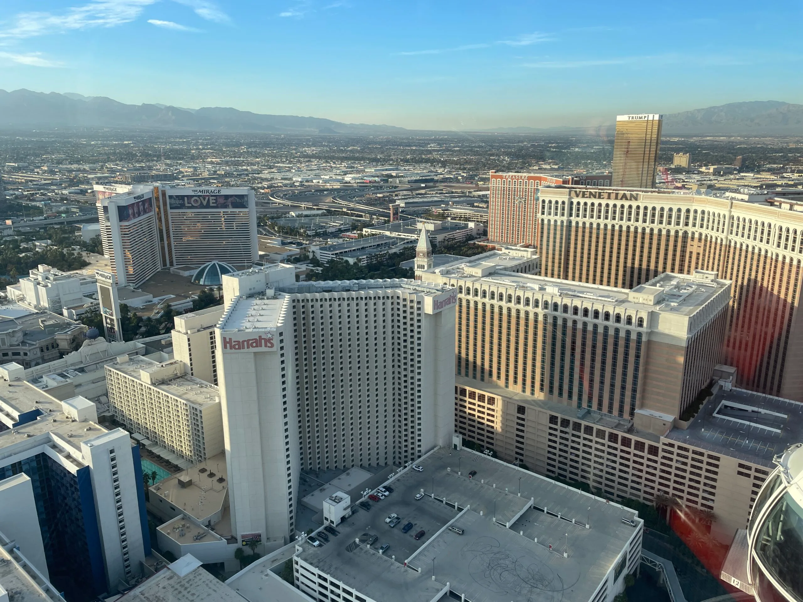 A view of Harrah's, The Mirage, and The Venetian from above.