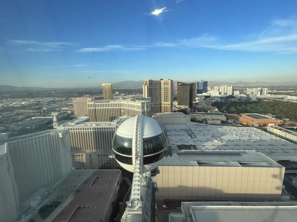 A view of north strip resorts like Wynn, Encore, and Venetian from the High Roller's apex.