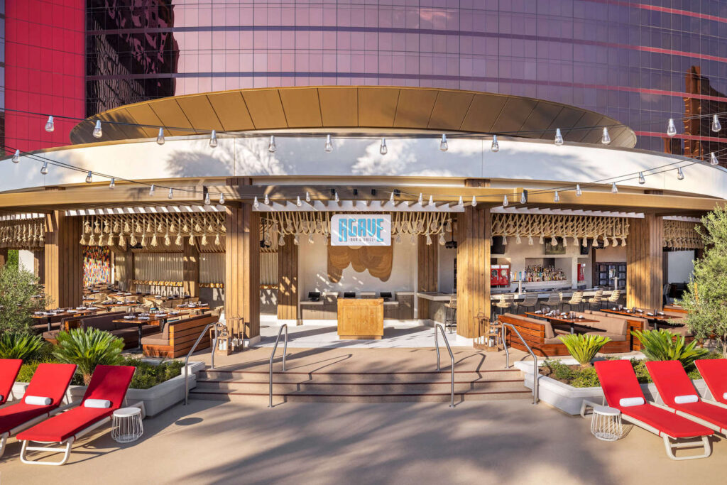 Exterior of Agave, with Resorts World's red hotel tower in the background. 