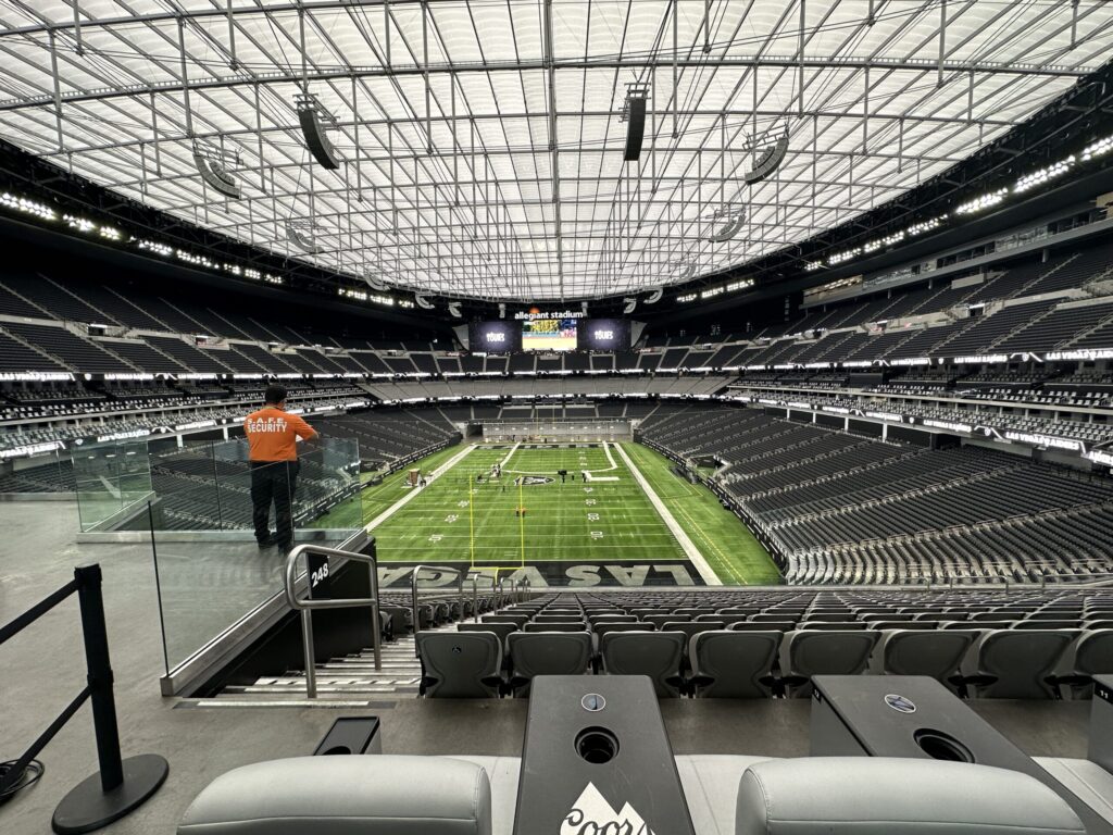 View of the empty stadium from the upper deck above one of the end zones.