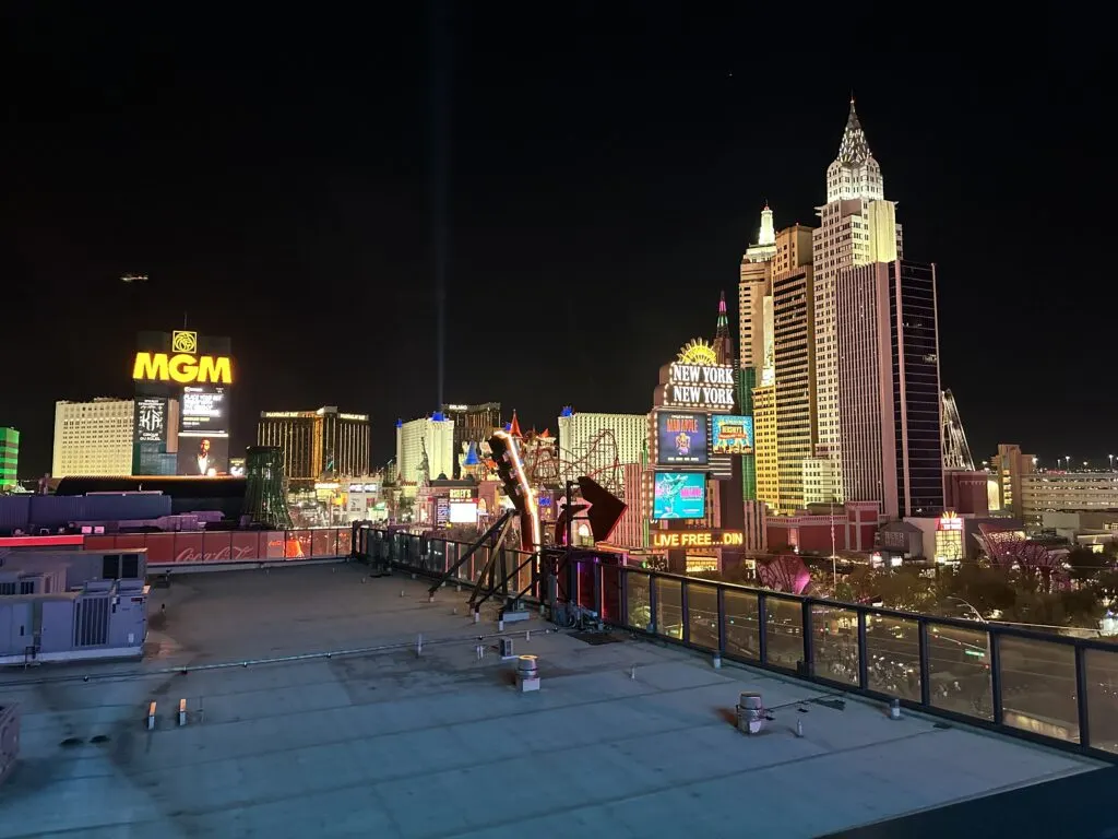 South Strip Resorts like NYNY illuminated at night and visible from Brewdog.