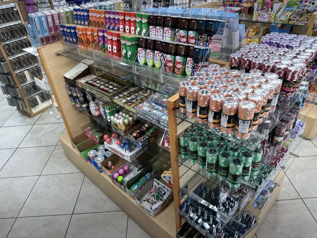 A rack of colorful chocolates and candies at the Gift Shop. 