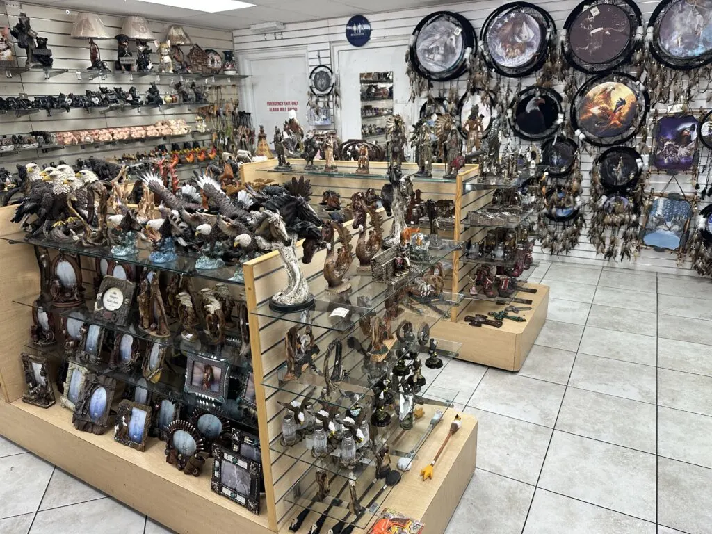 Native American lamps, picture frames, dreamcatchers, and other goods on display. 