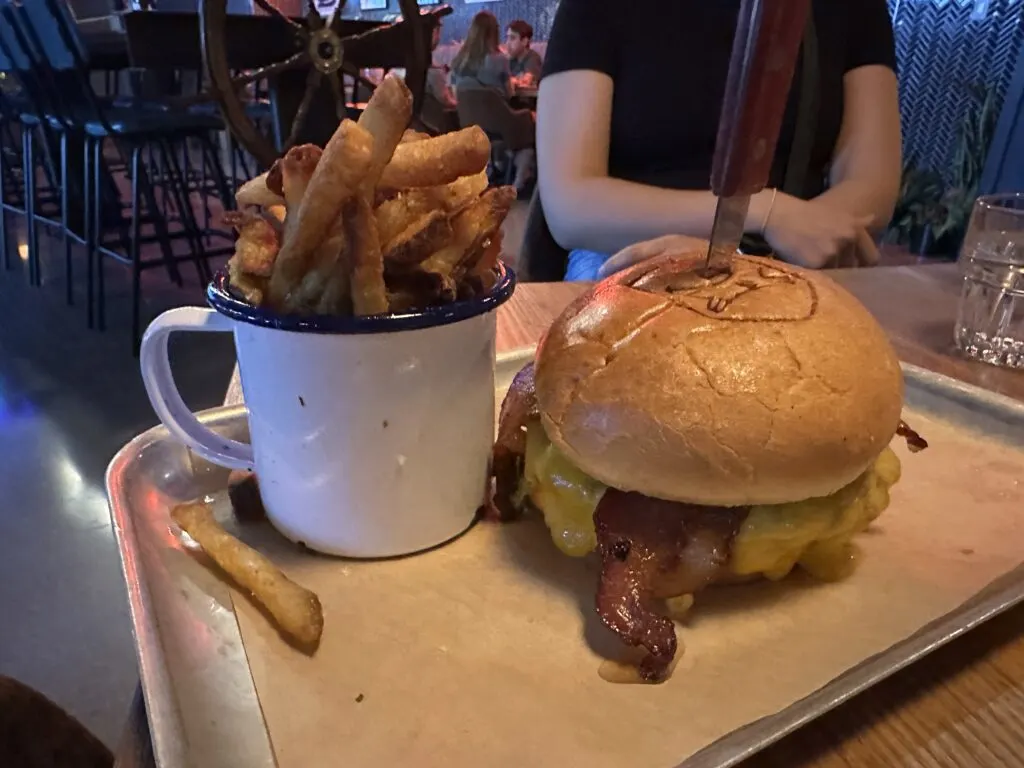 Patriot Burger with a side of fries in a cup. 