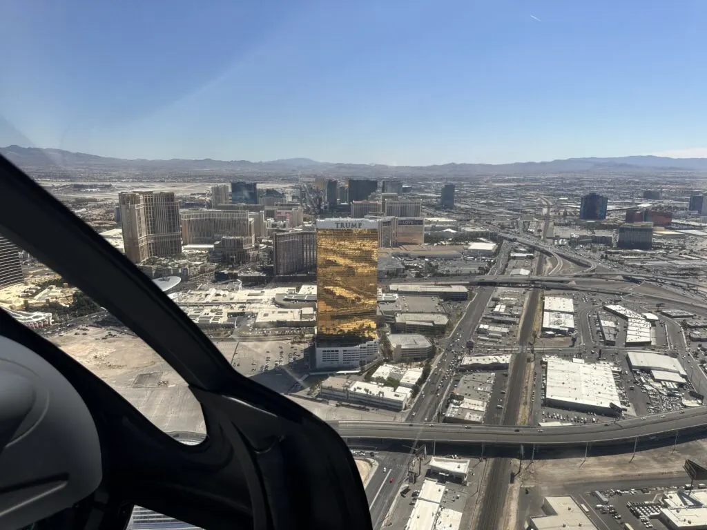 View of the Strip as the helicopter turned south with Trump Tower in the foreground. Below the helicopter is Interstate 15. 