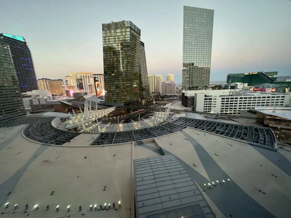 A view of the Strip from my hotel room that includes the Veer Towers, MGM Grand, Waldorf Astoria, and Planet Hollywood. 