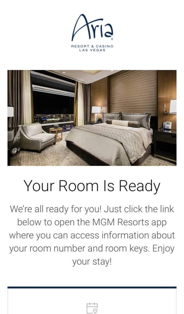 A screenshot of an email notifying me that my room at Aria was ready.