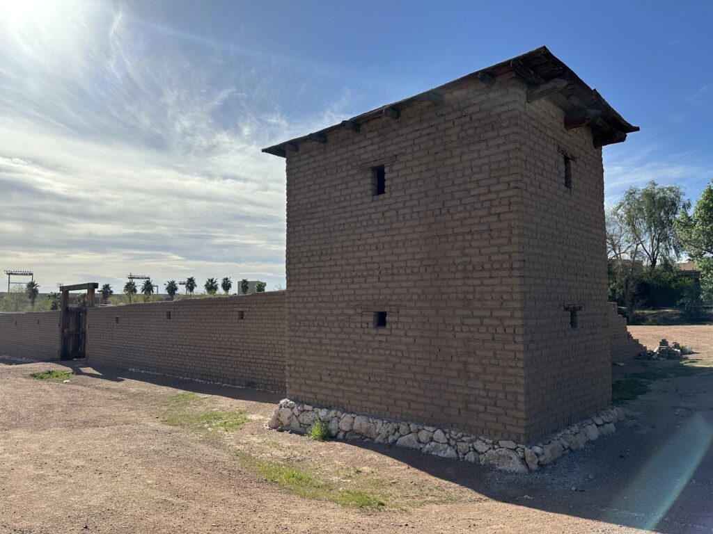 The Mormon Fort's guard tower and walls viewed from the outside. 