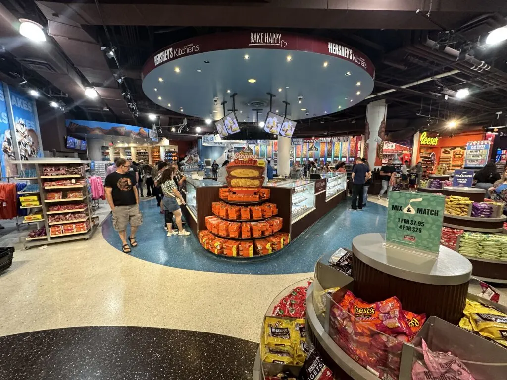 A wide angle photo of the inside of Hershey's World's main level.