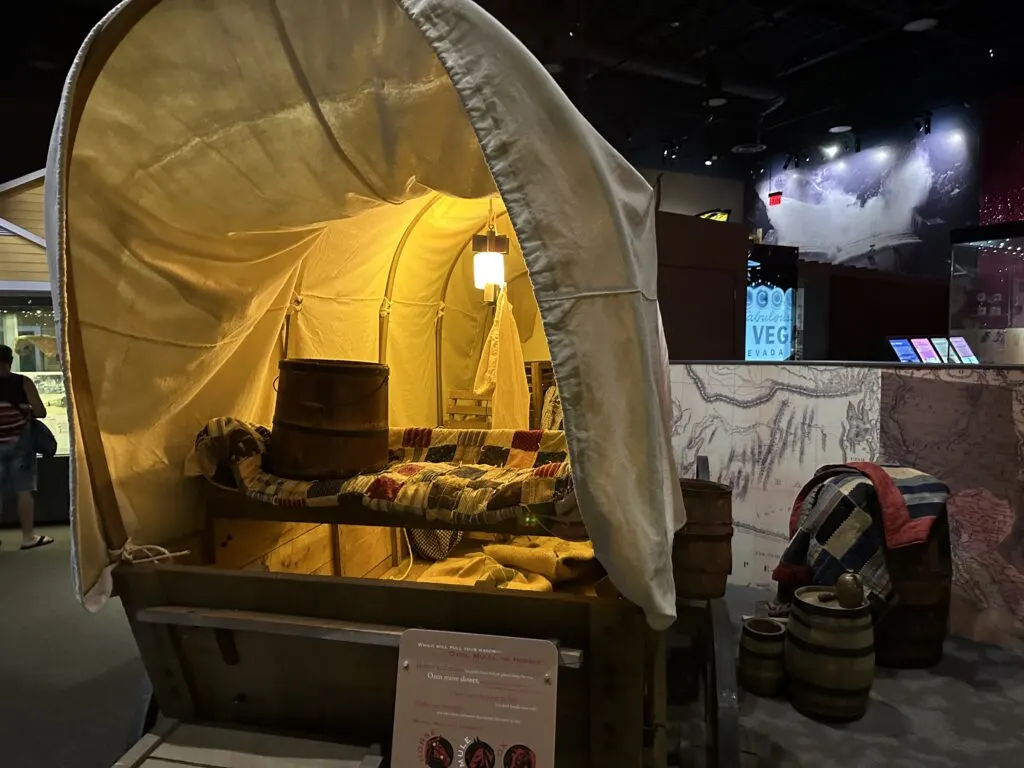 A covered wagon, which guests are able to look into, educating on pioneers that came to the area. 